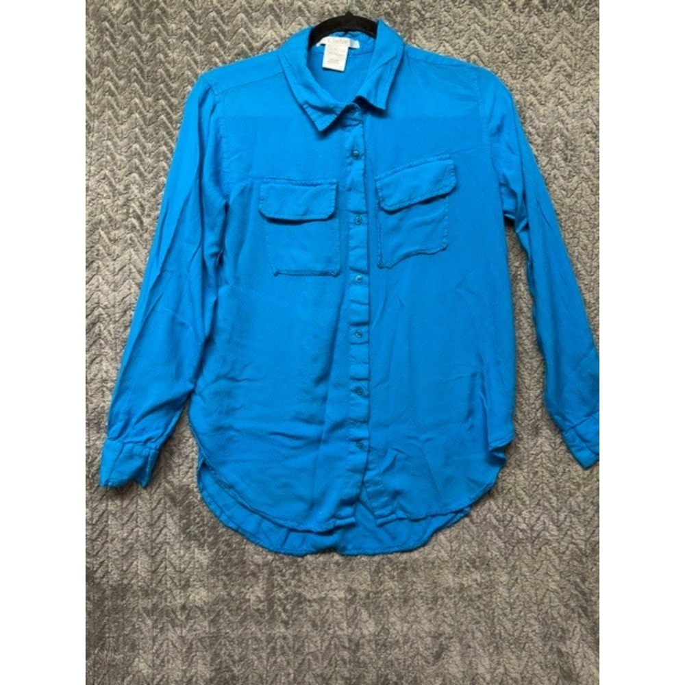K. Jordan Blue Viscose Long Sleeve Button Up Blouse Top Size Medium 0694